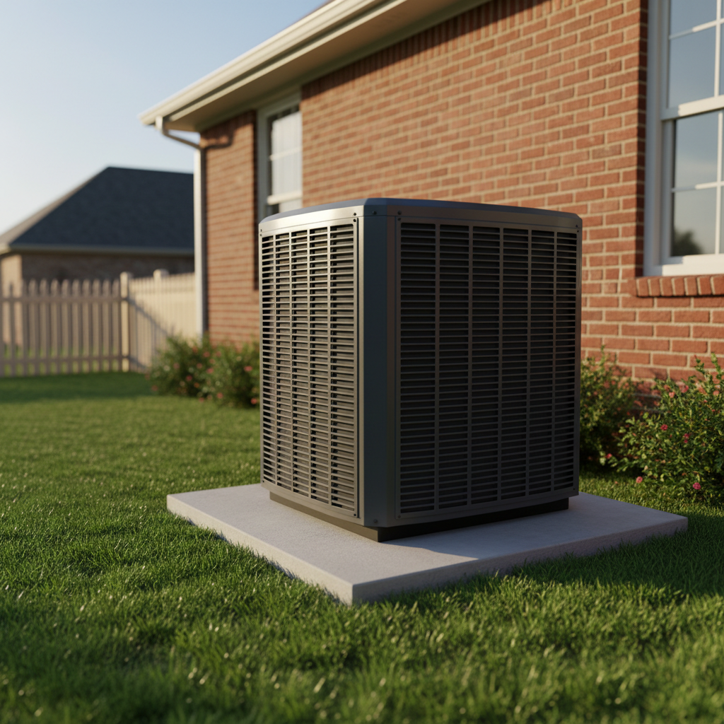 A modern, energy-efficient outdoor HVAC condenser unit with a sleek gray metal housing and crisp ventilation grilles, installed beside a well-maintained brick Oklahoma home. The unit rests on a clean concrete pad surrounded by neatly trimmed grass and a few native shrubs. Warm late-afternoon sunlight washes across the scene, creating soft, natural highlights on the metal edges and gentle shadows on the ground. Photographed at eye level with a subtle three-quarter angle, the background softly blurred to keep focus on the equipment. The mood is professional, reliable, and reassuring, with photographic realism and a clean, modern aesthetic that conveys trustworthy, local air conditioning service.