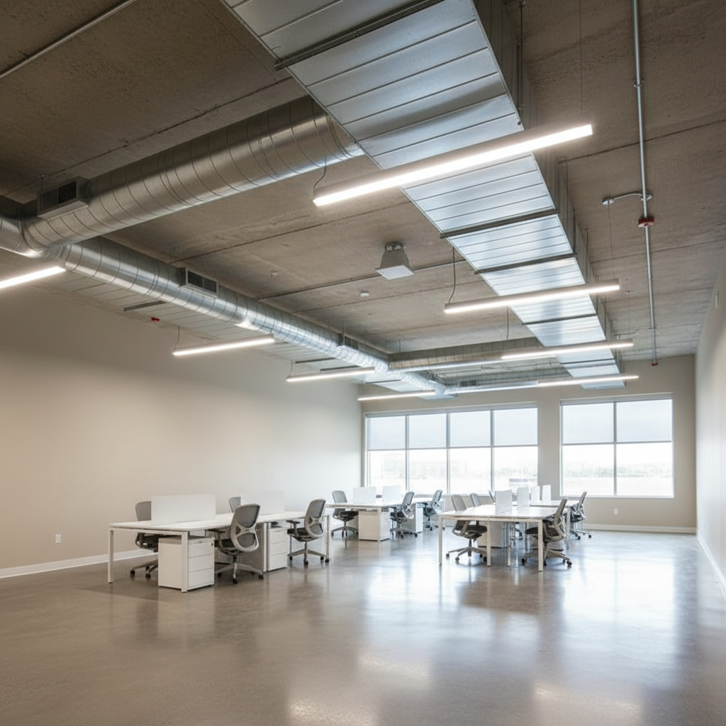 A bright, modern open-plan office interior in Oklahoma with a visible commercial HVAC system: rectangular metal ductwork running cleanly along the ceiling, linear supply diffusers, and discreet return grilles. The office features neutral walls, polished concrete floors, and minimalist workstations, all empty to avoid human presence. Soft daylight streams through large windows, complemented by cool white overhead LED lights, producing an evenly lit, professional environment with subtle reflections on the metal ducts. Captured in a wide-angle, eye-level composition with sharp focus, the scene highlights comfort and air distribution without distractions. The mood is efficient, clean, and businesslike, ideal for showcasing commercial heating and air solutions in photographic realism.