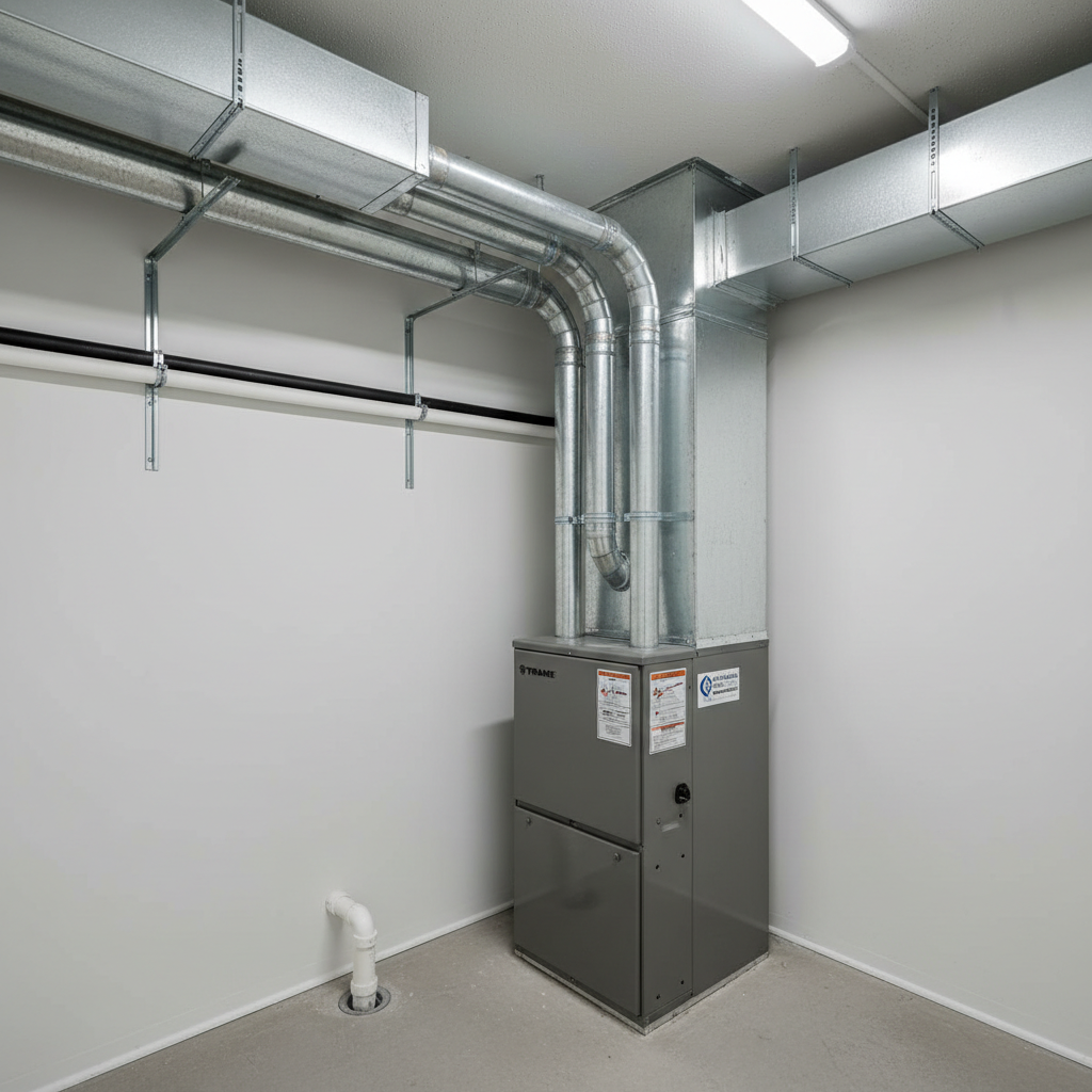 A pristine, newly installed residential furnace and central air system in a spotless Oklahoma home utility room, featuring a matte gray metal furnace cabinet with clear service labels and perfectly aligned ductwork overhead. Smooth galvanized ducts curve neatly into the ceiling, while insulated refrigerant lines are organized along the wall. Cool, even LED ceiling lighting casts balanced illumination with faint, crisp shadows, emphasizing the professional installation quality. Shot from a slightly elevated angle to capture both the unit front and the duct connections, with sharp focus throughout. The atmosphere feels orderly, safe, and dependable, reflecting a professional HVAC contractor’s craftsmanship in a photographic, realistic style.