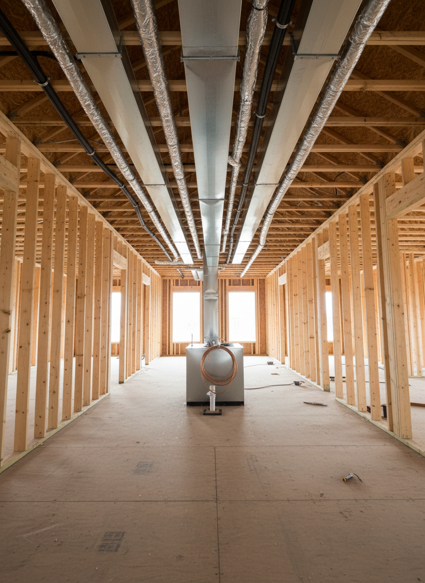 A freshly framed new-construction Oklahoma home interior showing exposed studs, trusses, and a professionally installed HVAC rough-in system. Shiny metal duct trunks run neatly between ceiling joists, branching into insulated flexible ducts that arc gracefully toward future room locations. A central air handler cabinet stands on the subfloor with clearly organized refrigerant lines and condensate drain. Soft, overcast daylight filters through unfinished window openings, creating an even, natural glow that highlights the wood grain and metallic textures. Captured with a wide-angle lens from a slightly low perspective to emphasize structure and layout, everything in sharp focus. The atmosphere is optimistic, in-progress, and professional, underscoring expert HVAC installation for new construction in realistic photographic style.