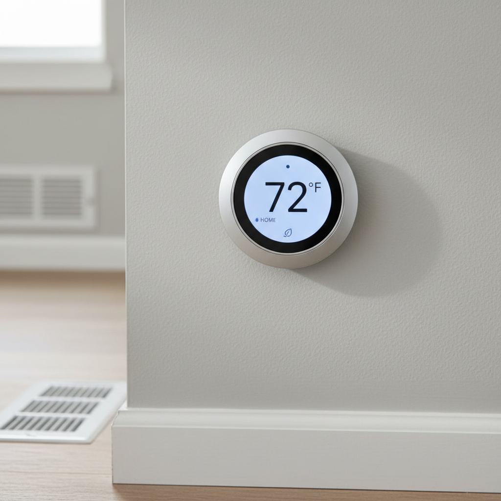 A high-efficiency smart thermostat with a sleek, brushed silver bezel and a bright digital display showing a comfortable indoor temperature, mounted on a smooth, light-gray wall in a contemporary Oklahoma home. In the softly blurred background, a vent register on the floor and a section of clean baseboard subtly suggest a well-conditioned space. Gentle, diffused morning light from an unseen window illuminates the wall, creating delicate gradients and a faint shadow beneath the thermostat. Photographed in close-up from a straight-on angle with a shallow depth of field, the composition is clean and balanced, emphasizing modern control, energy savings, and comfort. The mood is calm, precise, and technologically advanced, rendered in crisp photographic realism.